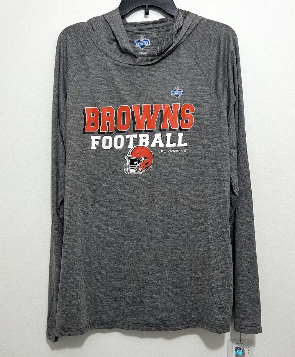 Cleveland Browns NFL Combine Men’s Large Heather Gray Long Sleeve Hooded Tee NWT